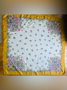 Pure silk scarf made in Italy with delicate florals and a rare circle metal clip